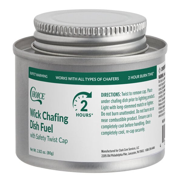 A metal canister of Choice 2 Hour Wick Chafing Dish Fuel with a safety twist cap.