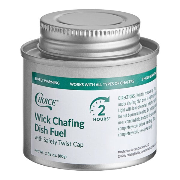 A metal canister labeled 'Wick Chafing Dish Fuel' with a safety twist cap and instructions printed on the side.