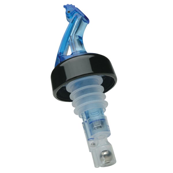 A blue and black plastic Precision Pours liquor pourer with a blue flip top and collar.