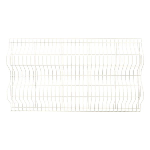 A white wire rack with a white metal frame and mesh.