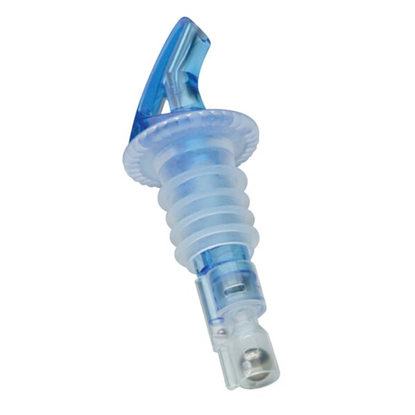 A blue and clear plastic Precision Pours liquor pourer.