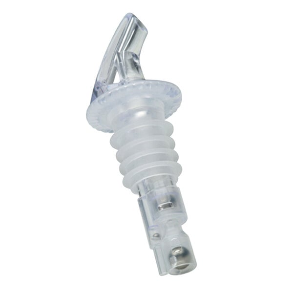 A clear plastic Precision Pours liquor pourer with a screw top.