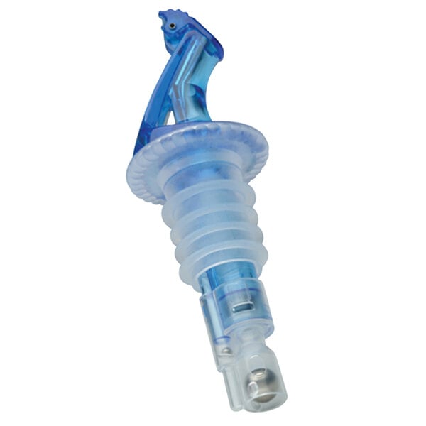 A close-up of a blue and clear plastic Precision Pours liquor pourer with a blue cap.