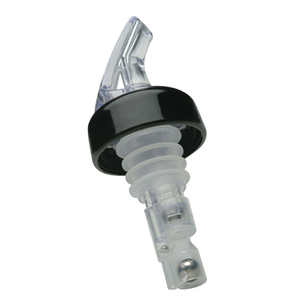 A clear plastic Precision Pours liquor pourer with a black collar.