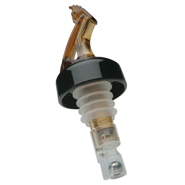 A black and white Precision Pours bottle stopper.