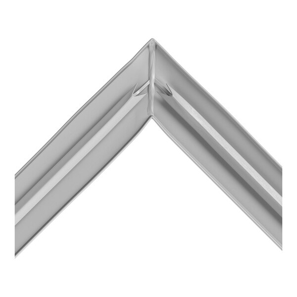 A close-up view of a gray, three-sided rubber or plastic gasket forming a right angle, with visible grooves and a flexible structure.
