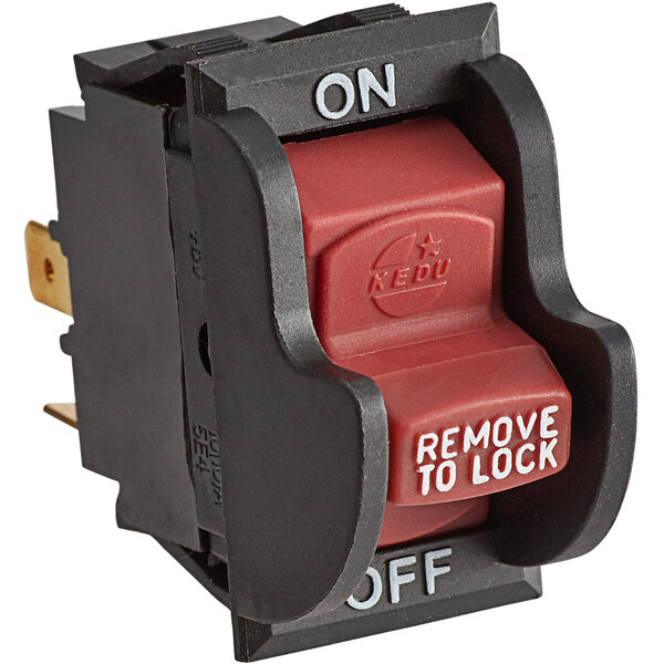 A red and black Estella On/Off switch with a red toggle switch and the words "remove to lock"