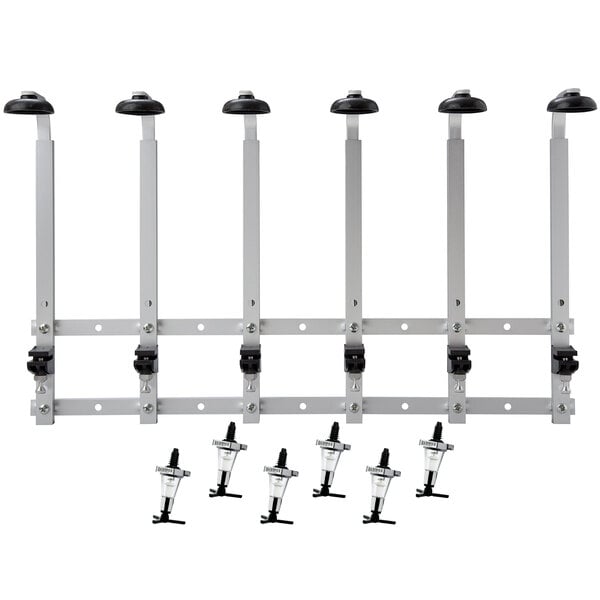 A white metal rack holding six Precision Pours wall-mounted liquor pourers with black caps.