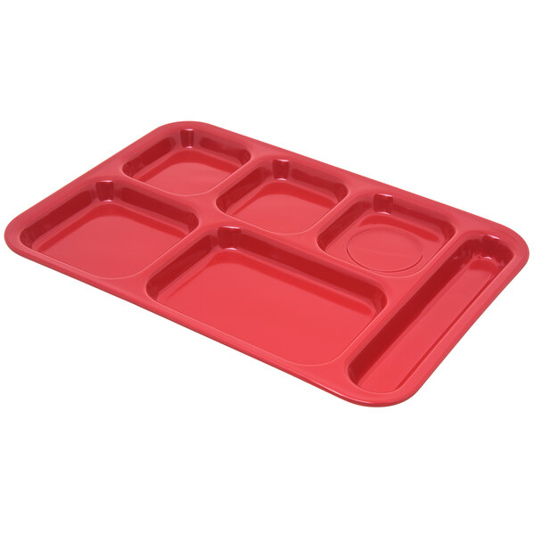 A red Carlisle 6 compartment tray.