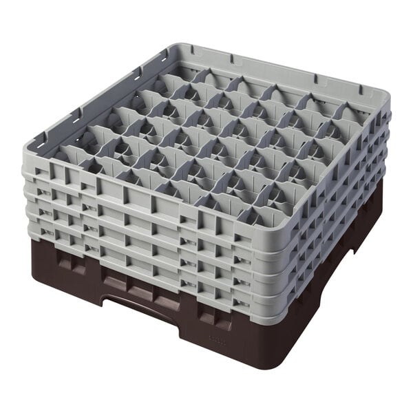 A brown plastic Cambro glass rack with 36 compartments and 4 extenders.