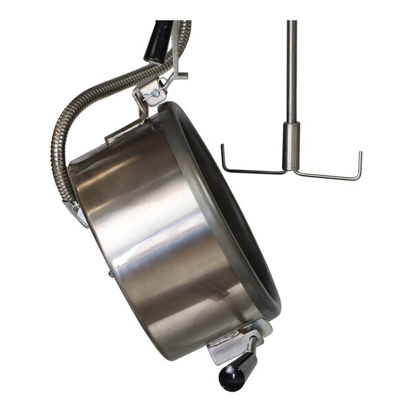 A stainless steel pot for a Paragon popcorn popper with a hook.