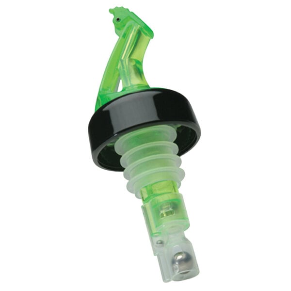 A close-up of a green and black Precision Pours bottle stopper.