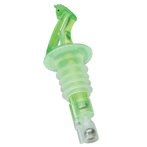 A close-up of a Precision Pours shamrock green liquor pourer with fliptop.
