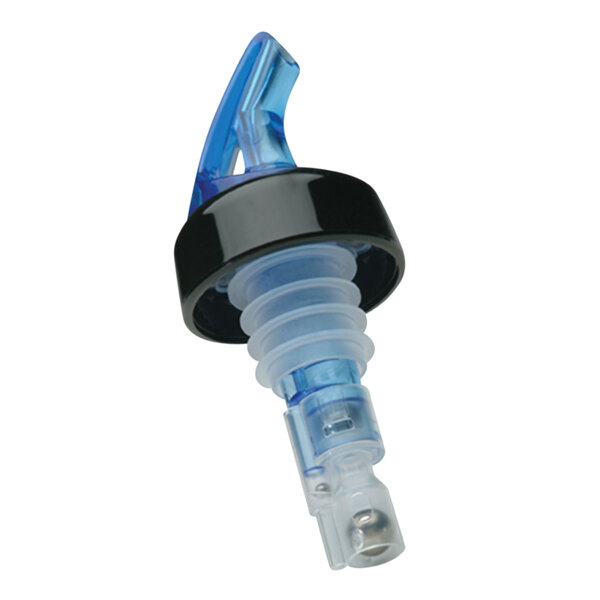 A blue and black Precision Pours liquor pourer with a blue collar.