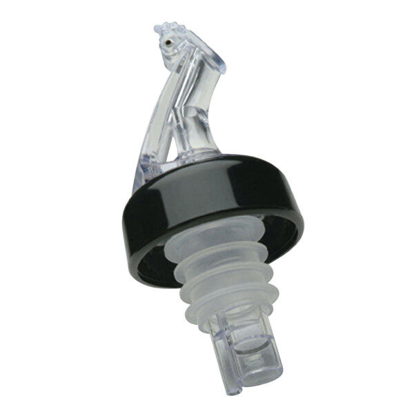 A Precision Pours clear plastic liquor pourer with a clear and black fliptop bottle stopper.