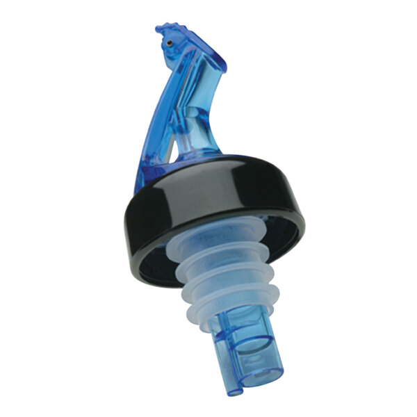 A blue Precision Pours liquor pourer with a black collar and cap.