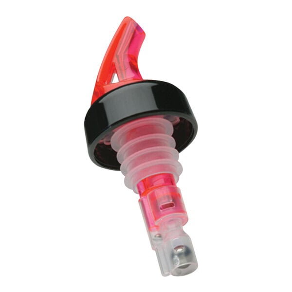 A Precision Pours watermelon red and black plastic liquor pourer with collar.