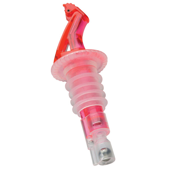 A Precision Pours watermelon red liquor pourer with a fliptop cap over a clear and pink bottle.