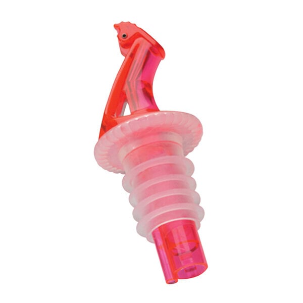 A red and white plastic Precision Pours fliptop liquor pourer.