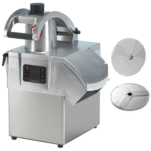 A Sammic CA-31 continuous feed food processor on a counter with a lid and a disc.