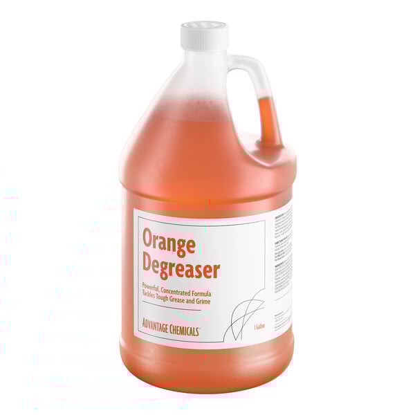 A 1-gallon jug of Advantage Chemicals orange concentrated cleaner and degreaser.