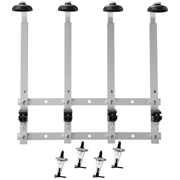 A Precision Pours wall mount rack holding four metal bottle pourers with black caps.