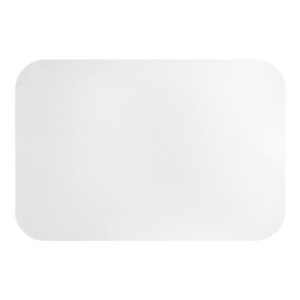 A rectangular, white foil-laminated board lid designed for a 4 lb. foil take-out container.