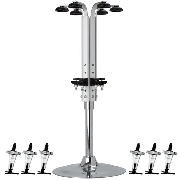 A silver and black Precision Pours rack with six black and silver bottle pourers.