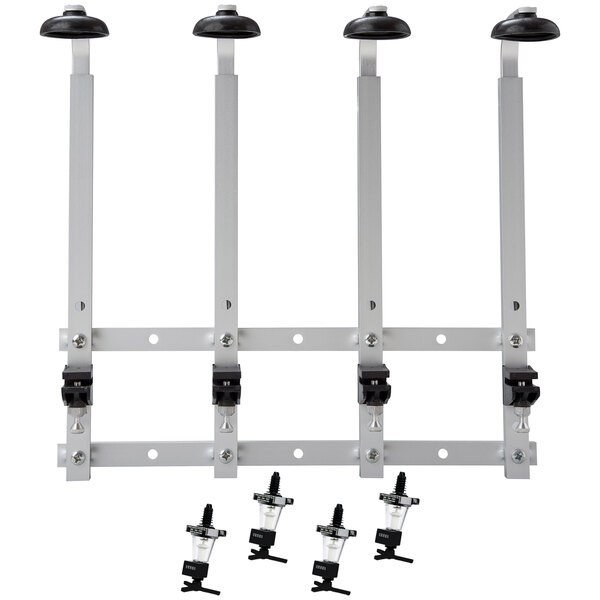 A white metal rack system for 4 Precision Pours liquor pourers.