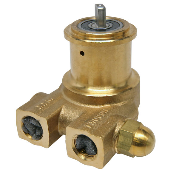 A gold metal Perlick pump with two brass nuts and a ball.