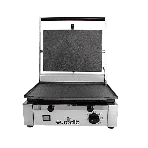 A Eurodib panini grill with a black lid and handle.