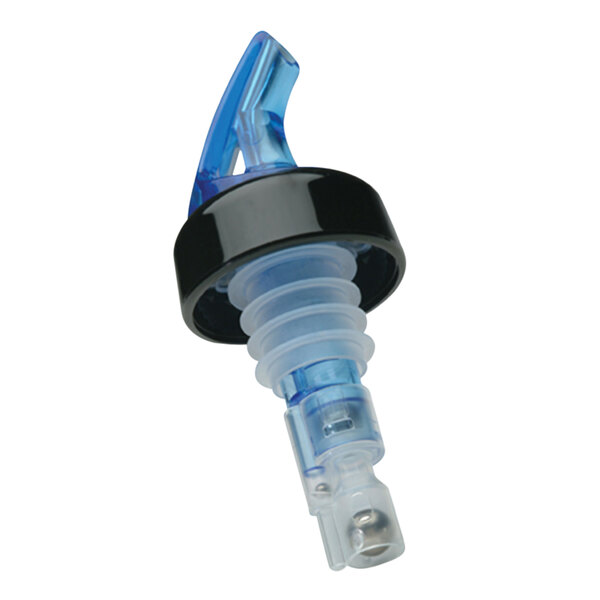 A close-up of a blue and black Precision Pours liquor pourer with a blue collar.