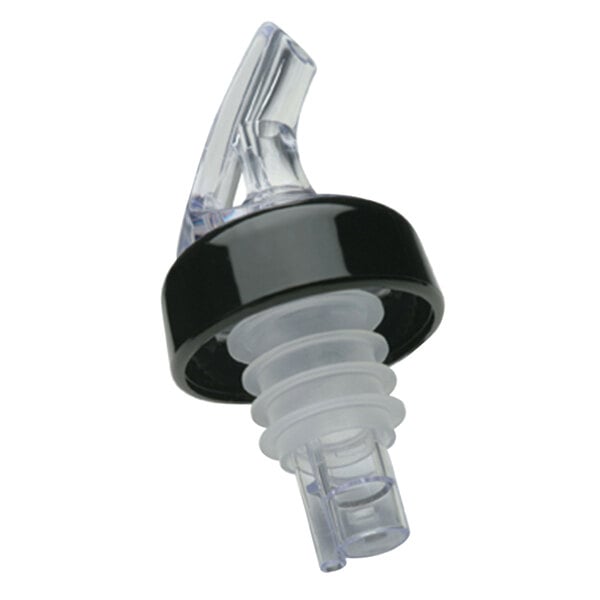 A clear plastic Precision Pours liquor pourer with a black collar.