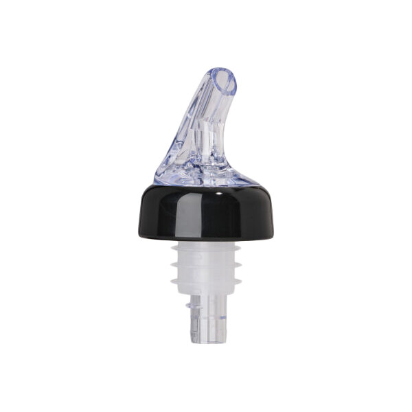 A clear plastic liquor pourer with a black collar, designed for bottle dispensing.