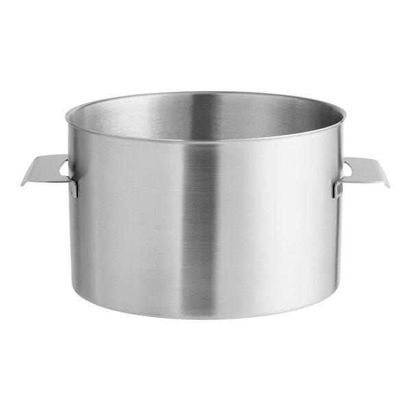 A close-up of a silver Robot Coupe stainless steel mini bowl with two handles.