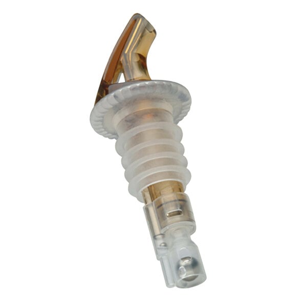 A close-up of a Precision Pours amber liquor pourer with a clear plastic and metal cap.
