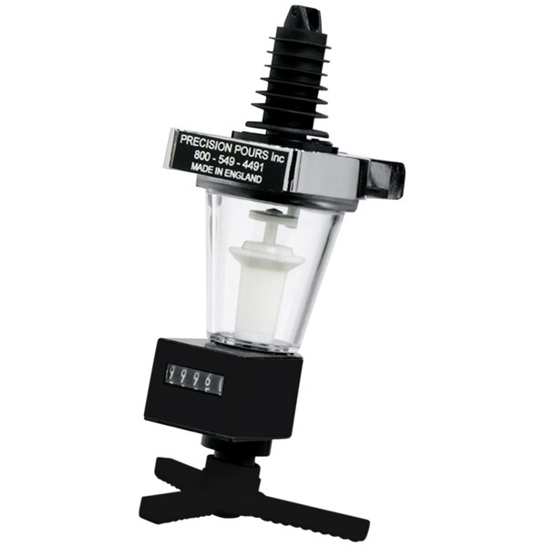 A close-up of a black Precision Pours measured liquor pourer head with a white background.