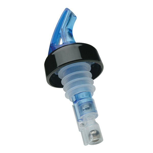 A close-up of a blue Precision Pours bottle stopper with a black collar.