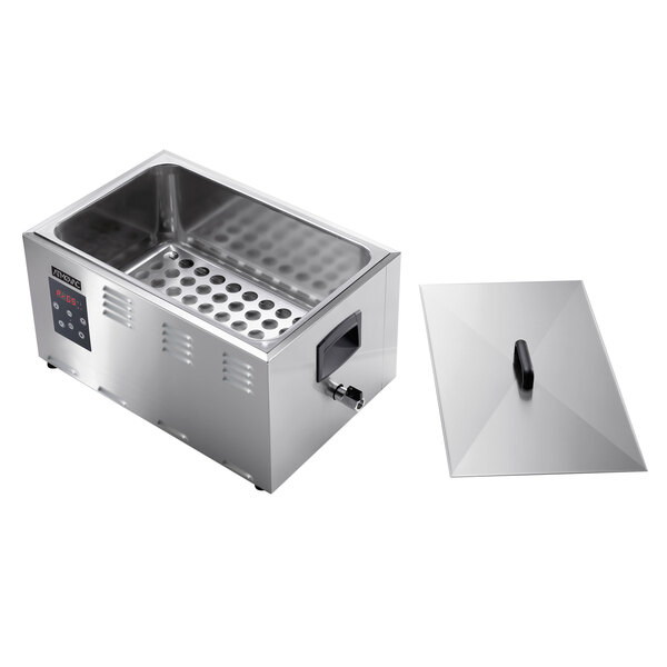 An Atmovac SR11 stainless steel sous vide water bath cooker with a lid.