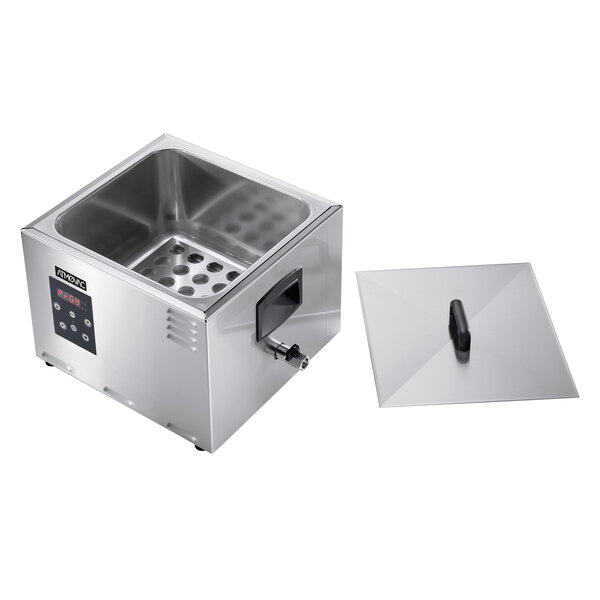 An Atmovac SR23 sous vide circulator in a stainless steel container with a lid.