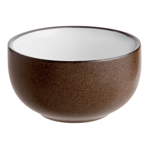 A 13 oz. hickory brown matte stoneware bowl with a white interior.
