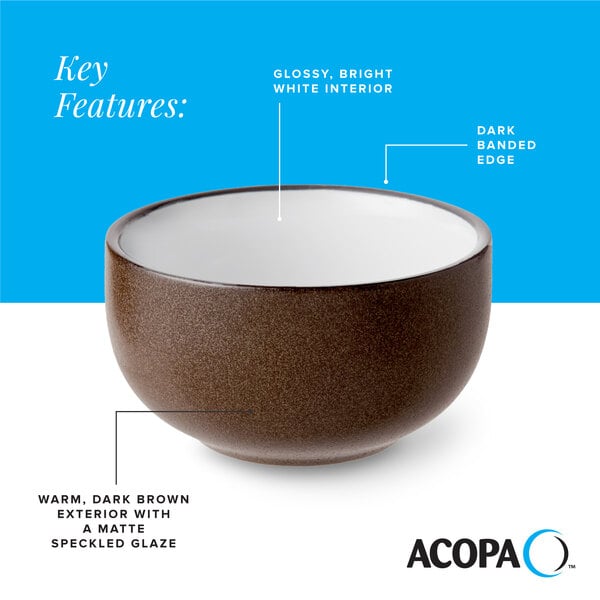 A 10 oz. stoneware bowl with a warm, dark brown matte speckled exterior and a glossy white interior.