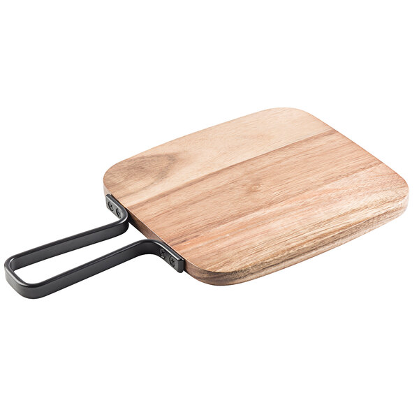 A Tablecraft rectangular acacia wood serving board with a metal handle.