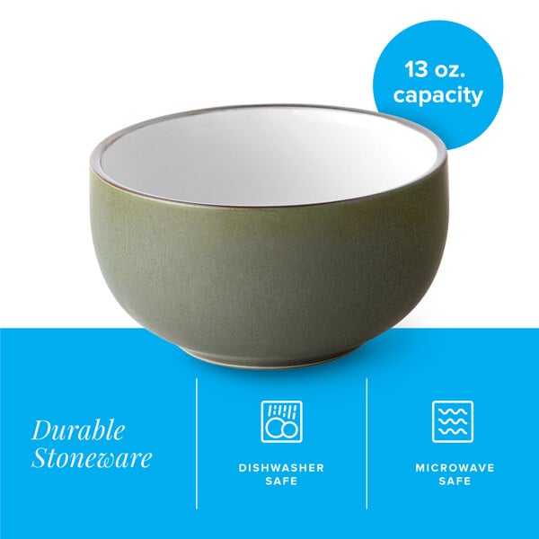 A 13 oz. moss green matte stoneware bowl.