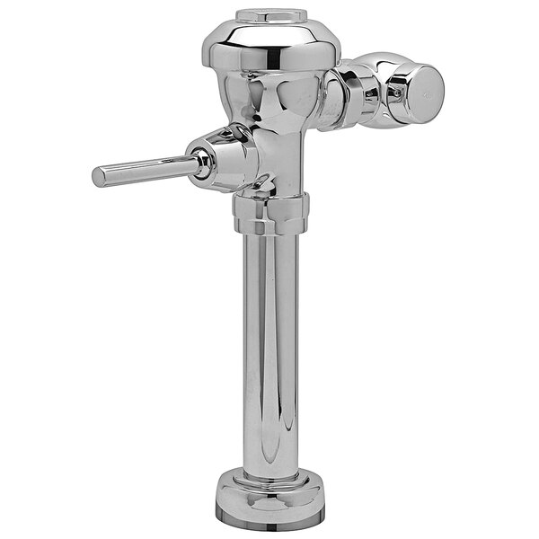 A close-up of a chrome Zurn toilet flush valve.