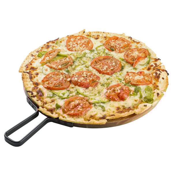 a pizza with tomatoes and peppers on a wooden surface