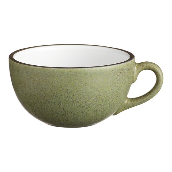 A moss green matte stoneware cup with a handle and a white interior.