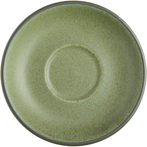 A close-up of an Acopa Embers Moss Green Matte stoneware saucer with a round center.