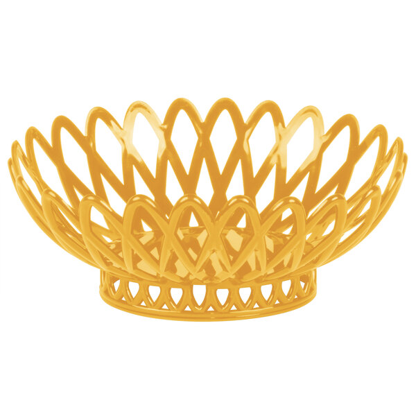 A yellow plastic oval fast food basket with a spiral design.