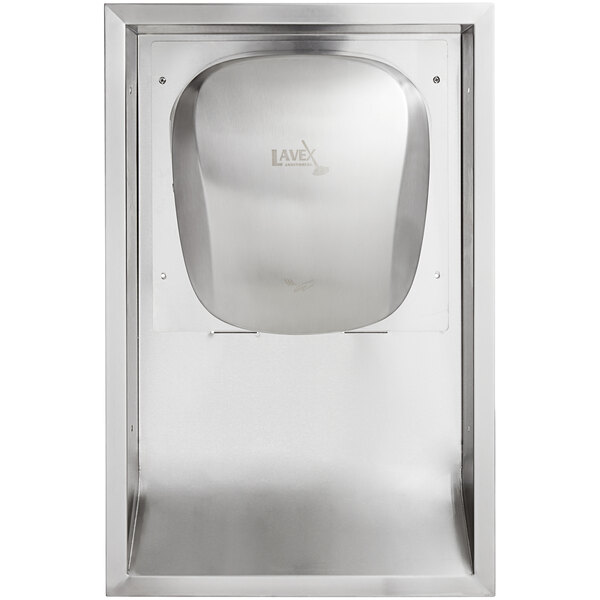 A close-up of a stainless steel rectangular hand dryer with a silver lid.